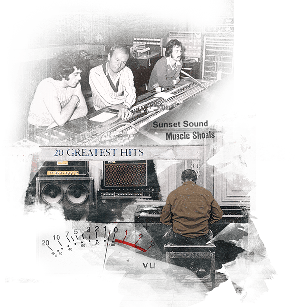 Engineers and producers recording in studio using vintage analog gear. Engineers and producers recording in studio using vintage analog gear.